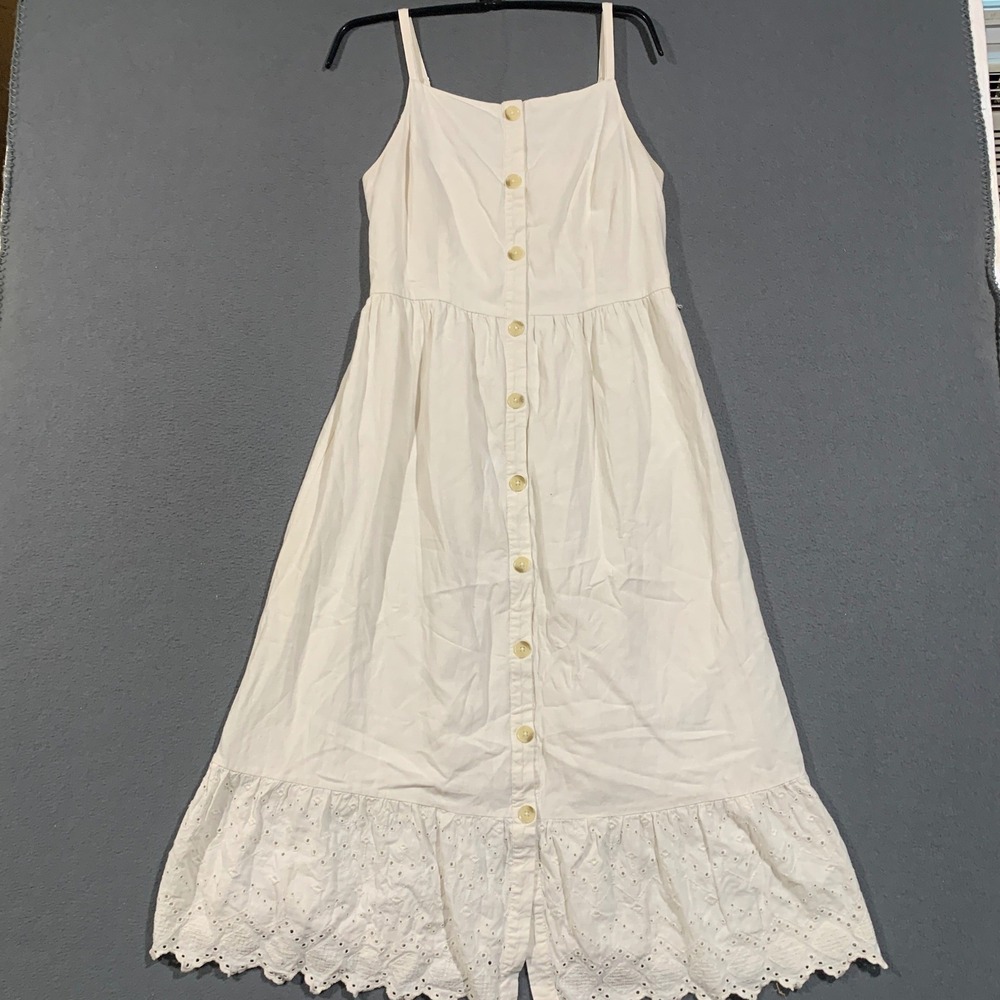 Old Navy Button Front Dress Women M White Eyelet Hem Linen Blend Sundress Boho